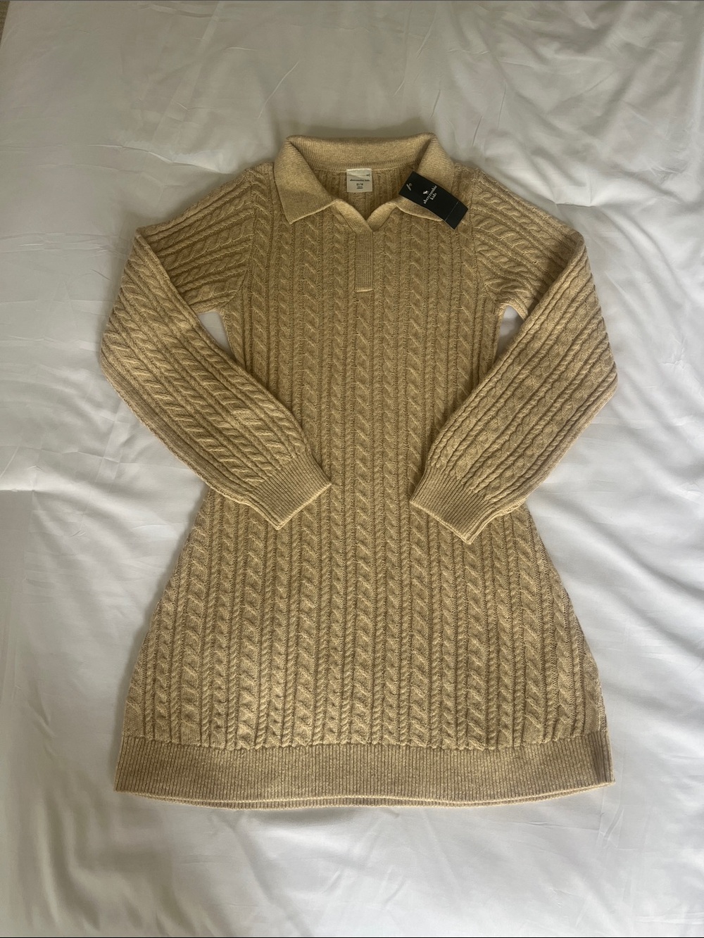 New! ABERCROMBIE AND FITCH tan braided knit collared dress Sz. 12/13